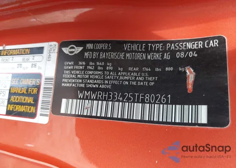 2005 Mini Cooper S from USA, damaged, VIN WMWRH33425TF80261